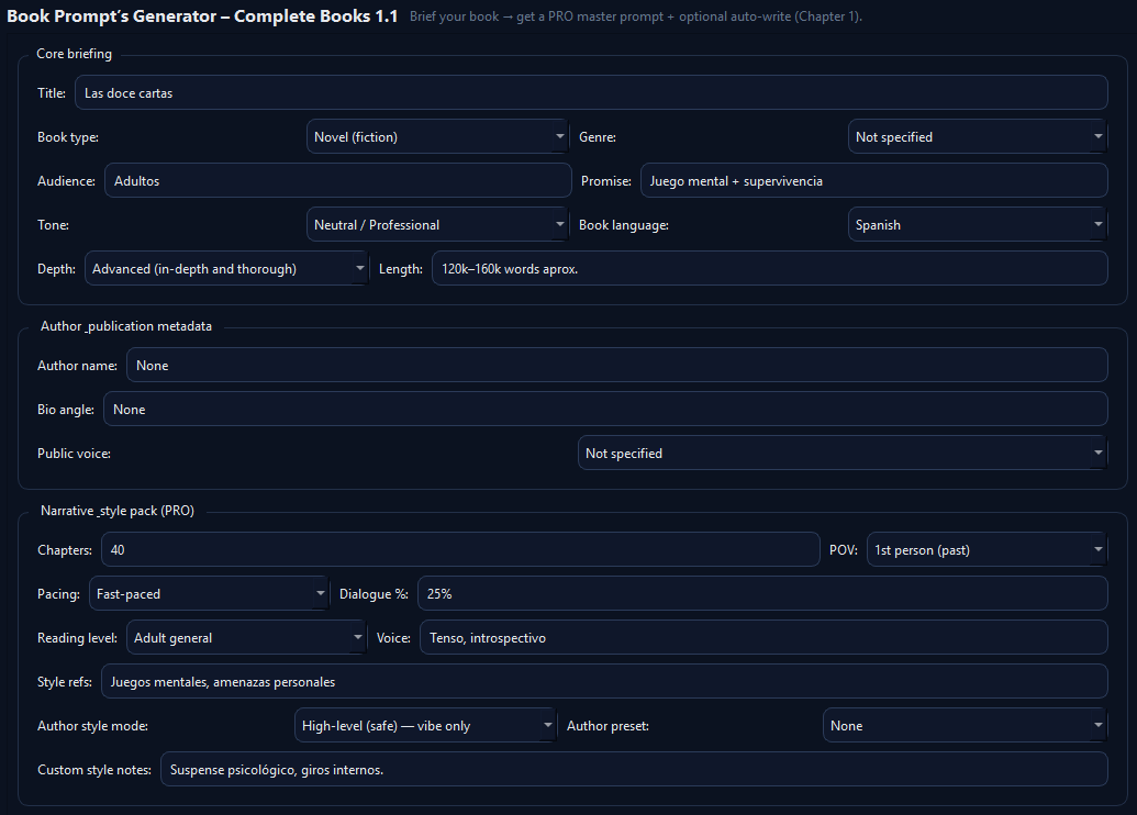 Core briefing screen: title, book type, audience, promise, tone, language, depth and length.